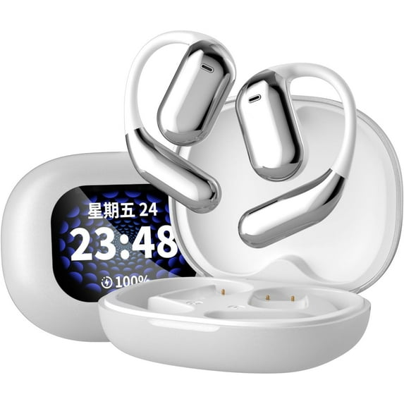 Intelligent Touch Screen Open Bluetooth Earphones - True Wireless Open Ear Earbuds Bluetooth 5.4 - Double Noise Reduction to Listen Touch Screen Control - Fitness, Running and Cycling (White)