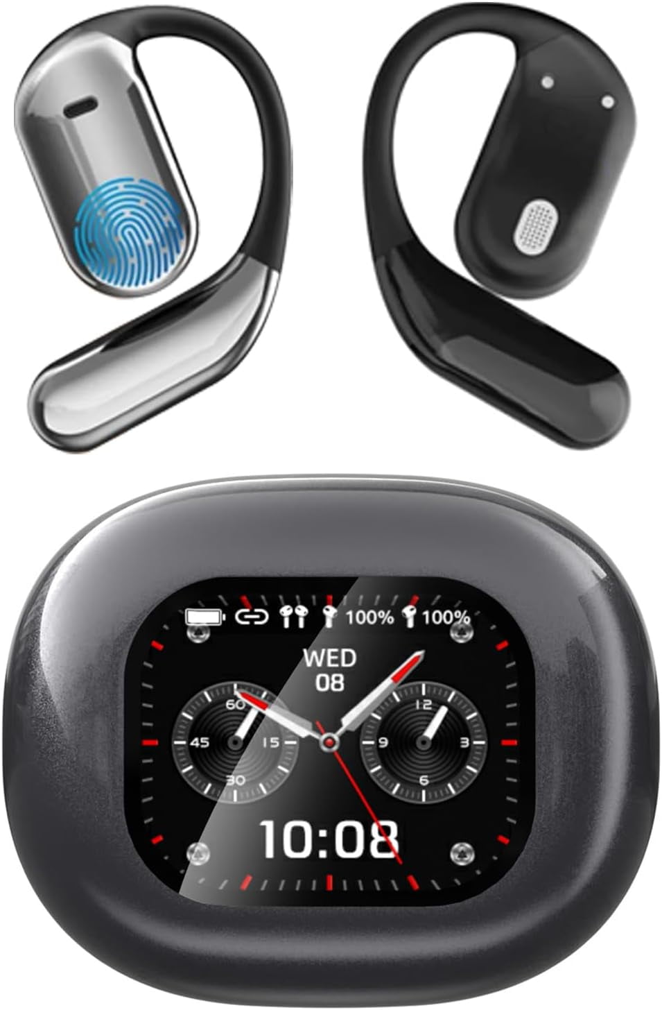 Intelligent Touch Screen Open Ear Earbuds Bluetooth 5.4 Headphones Over The Ear Earbuds 50H Playtime LED Display Charging Case Sport Over Earphones for Running Fitness (Black)