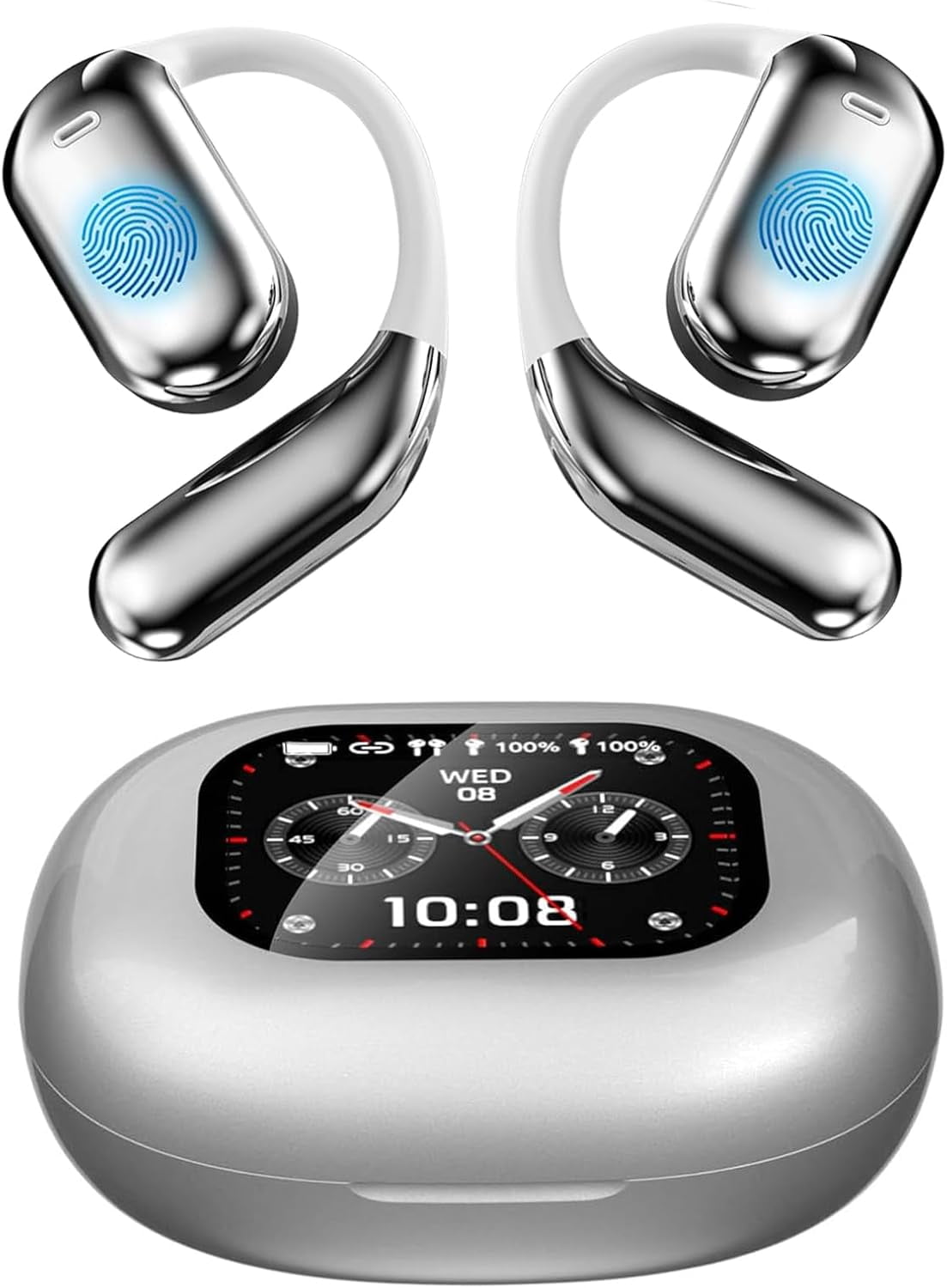 Intelligent Touch Screen Open Ear Earbuds Bluetooth 5.4 Headphones Over The Ear Earbuds 50H Playtime LED Display Charging Case Sport Over Earphones for Running Fitness (Silver)