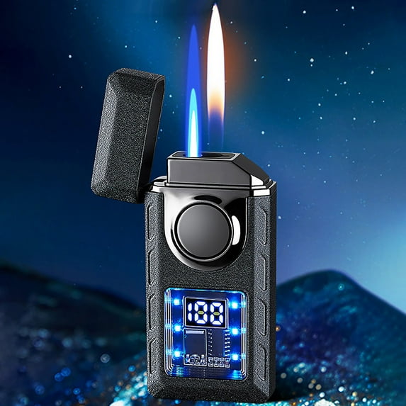 Intelligent Voice Controlled Double Flame Lighter, USB Rechargeable with Visual Gas Window, Windproof and Adjustable Flame for Outdoor Use, Hands-Free Ignition,Great for Camping and Daily Tasks