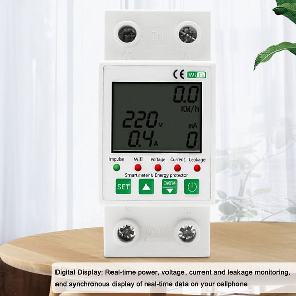 Intelligent WiFi 2P Leakage Protecting Switch Power Meter & Single Phase Under/Over Voltage Regulator (1-63A, AC 220V, 3.35" x 1.50" / 8.5 x 3.8 cm)