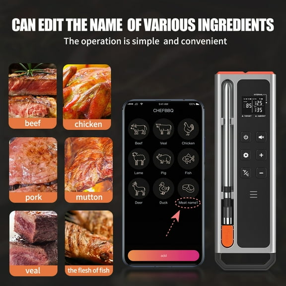 Intelligent wireless meat thermometer, with ultra-thin probe, application and host control, precision Bluetooth meat thermometer, suitable for ovens and barbecues (beef, mutton, Turkey)