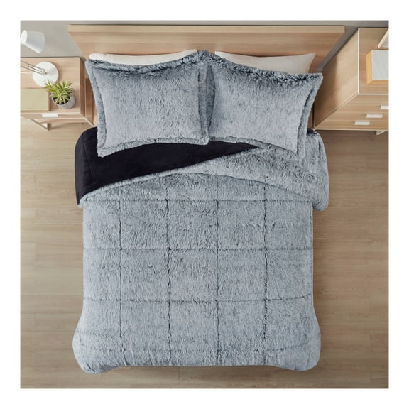 IntelligentDesign 2pc Twin/Twin Extra Long Leena Shaggy Long Fur Comforter Mini Set Gray/Black: Plush Bedding Set, Lightweight & Cozy