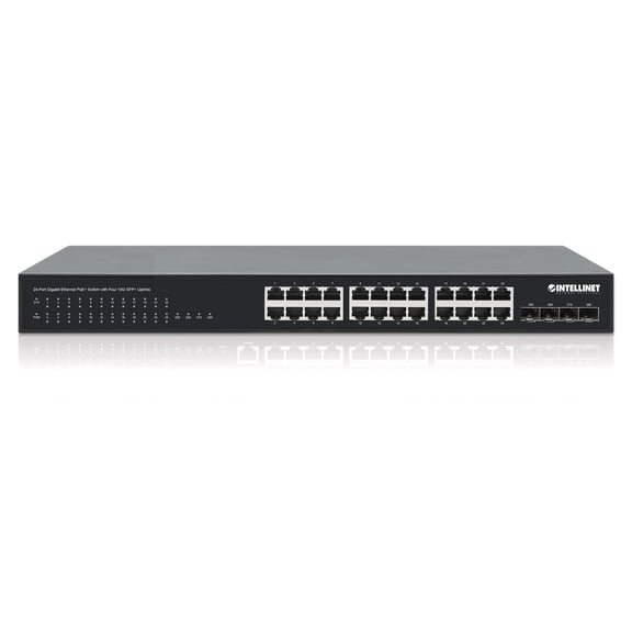 Intellinet 24-Port PoE+ Gigabit Ethernet Switch with 4 x 10 Gbps SFP+ Ports, 370W Power Budget, 128 Gbps Switch Fabric | NDAA-compliant