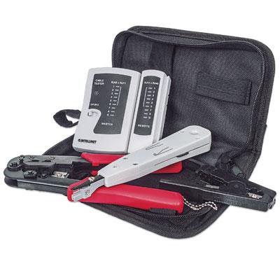 Intellinet Network Solutions 4-Piece Network Tool Kit Composed of LAN Tester, LSA Punch Down Tool, Crimping Tool and Cutter/Stripper Tool - Includes Durable Storage Bag