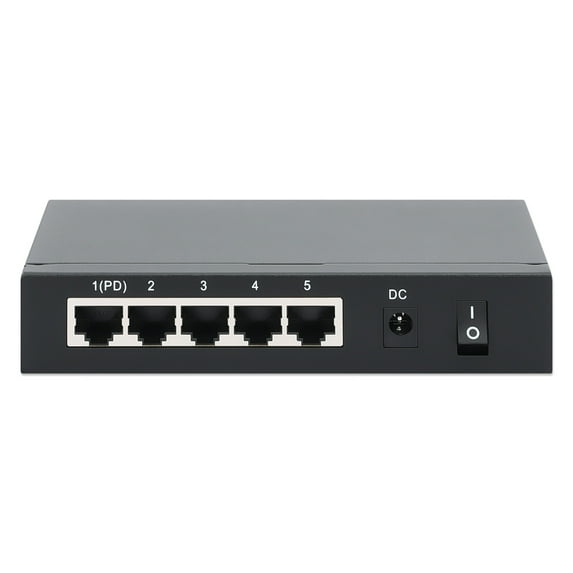 Intellinet PoE-Powered 5-Port Gigabit Switch with PoE-Passthrough | 60W, Rear-facing Ports, Fanless, Desktop Format, Wall-mount Option | NDAA-compliant