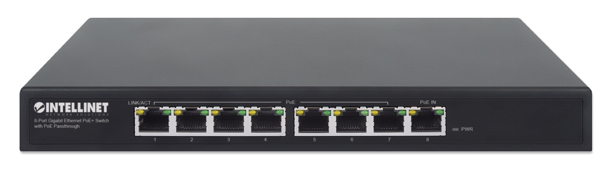 Intellinet PoE-Powered 8-Port Gigabit Ethernet PoE+ Switch with PoE Passthrough | 85W, IEEE 802.3bt (PoE++ / 4PPoE), Fanless | NDAA-compliant