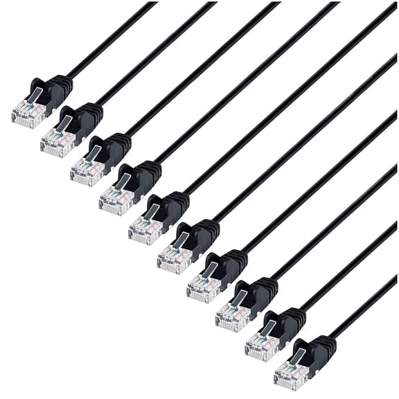 Intellinet Slim Cat6 Ethernet Network Patch Cable 10-Pack - 10Gbps & 250MHz, Snagless Boot, 30AWG Pure Bare Copper Wire, Gold-Plated Contacts, Lifetime Mfg Warranty 7ft, 10 Pack, Black