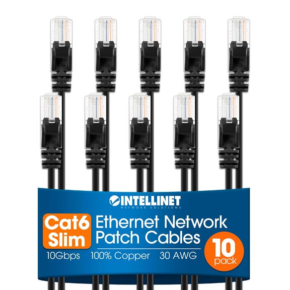 Intellinet Slim Cat6 Ethernet Network Patch Cable 10-Pack - 10Gbps & 250MHz, Snagless Boot, 30AWG Pure Bare Copper Wire, Gold-Plated Contacts, Lifetime Mfg Warranty 7ft, 10 Pack, Black
