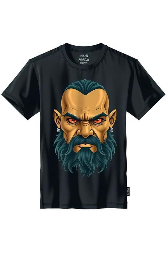 Intense Bearded Man Graphic Black T-Shirt Red Eyes Dark Blue Beard Unique Design