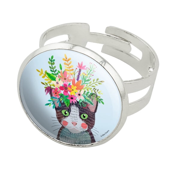 Intense Cat with Flower Hair Silver Plated Adjustable Novelty Ring