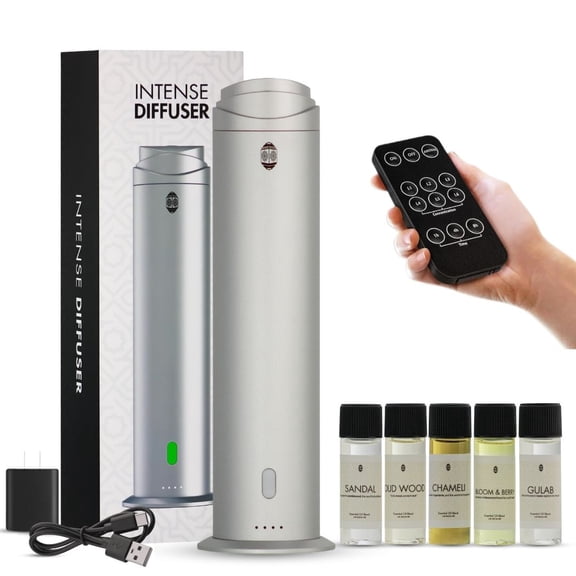 Intense Diffuser Silver 120ml, Aromatherapy Diffuser with Remote, Covers 1000 Sq Ft, Adjustable Mist & Timer, Starter Kit for Home, Office & Hotel - Waterless