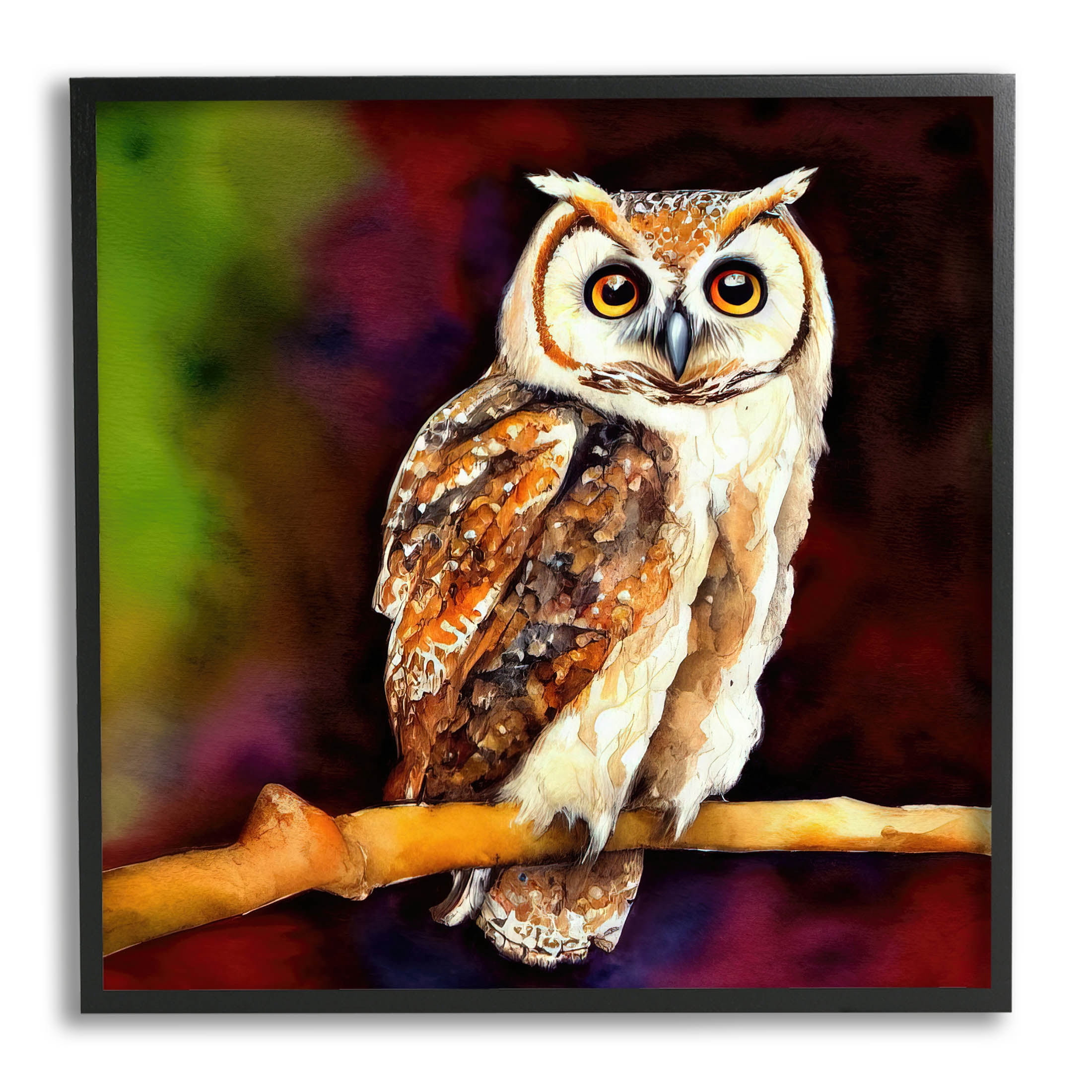 Intense Owl Gazing Perched Animals & Insects Painting Black Framed Art Print Wall Art
