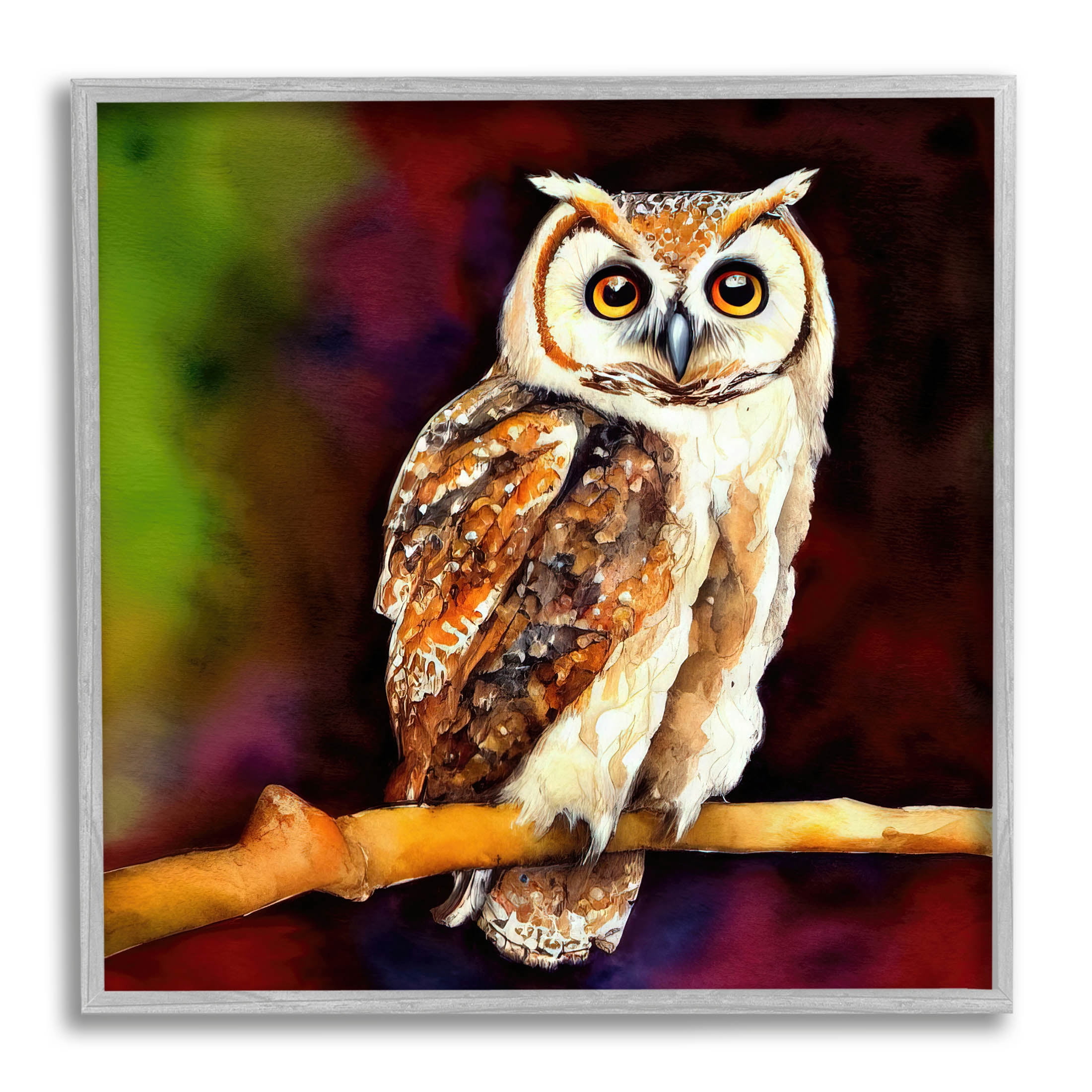 Intense Owl Gazing Perched Animals & Insects Painting Gray Framed Art Print Wall Art