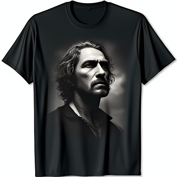 Intense Windblown Man Graphic Black T-Shirt Contrast Serious Expression