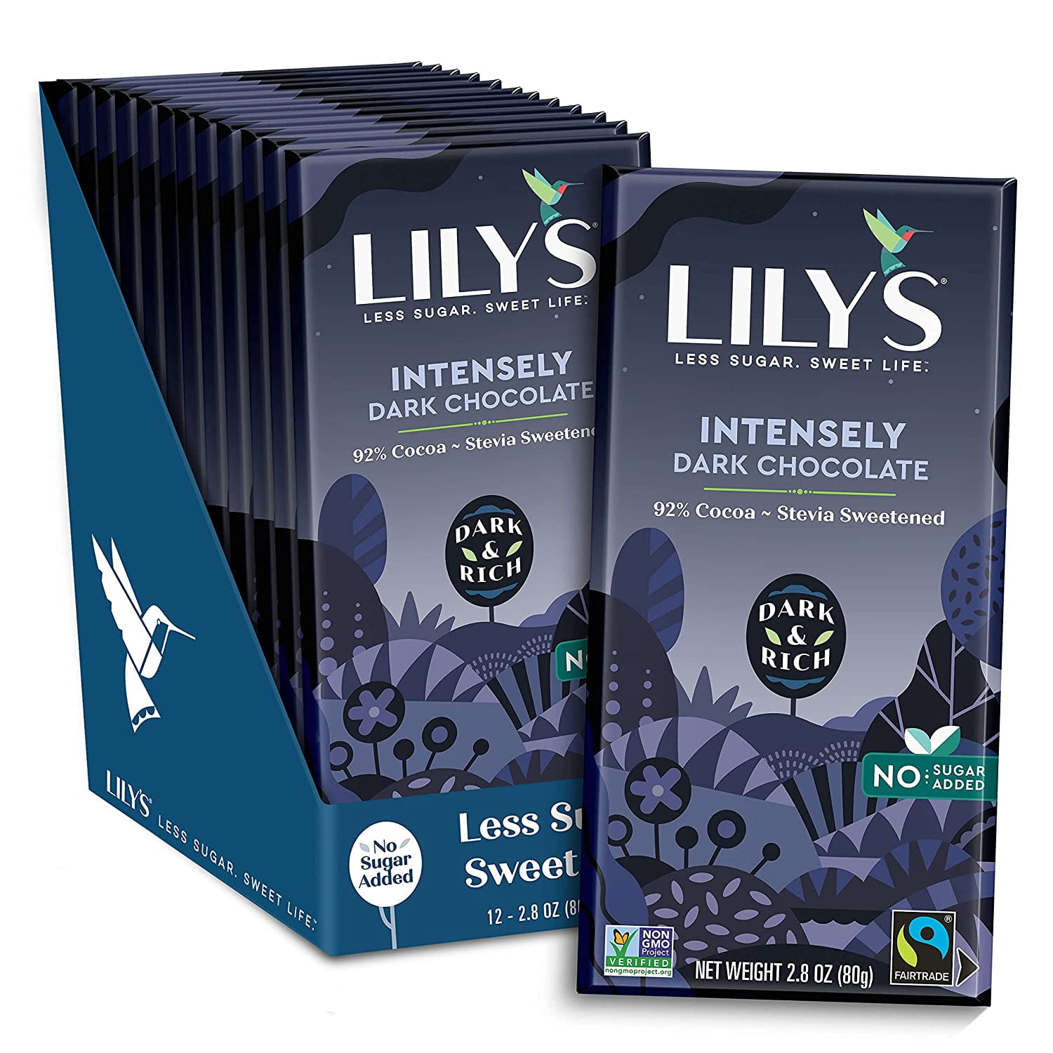 Intensely Dark Chocolate Bar by Lily's | Made with Stevia, No Added Sugar, Low-Carb, Keto Friendly | 92% Cocoa | Fair Trade, Gluten-Free & Non-GMO | 2.8 ounce, 12-Pack