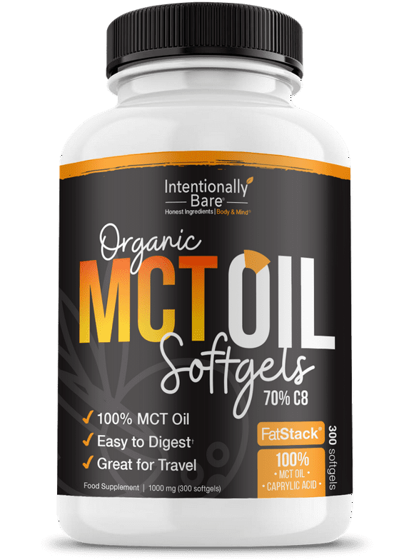 Intentionally Bare Organic 70% C8 MCT Oil Capsules- Great for Travel & Appetite Suppression- 1000mg