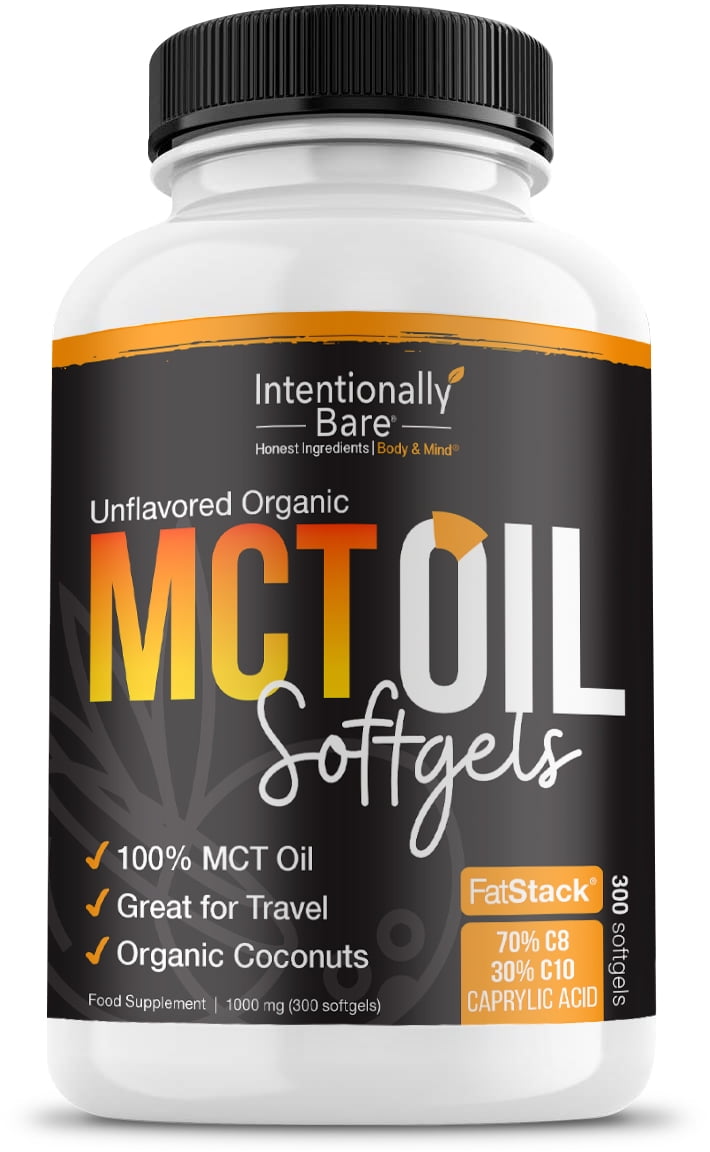 Intentionally Bare Organic 70% C8 MCT Oil Capsules- Great for Travel & Appetite Suppression- 1000mg