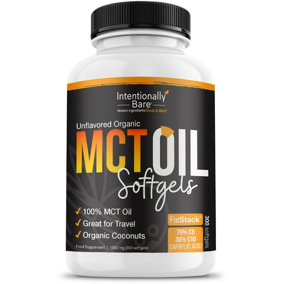 Intentionally Bare Organic 70% C8 MCT Oil Capsules- Great for Travel & Appetite Suppression- 1000mg