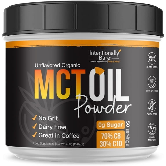 Intentionally Bare Organic MCT Oil Powder- Zero Net Carbs- No Grit- 70% C8- Unflavored- 50 Servings