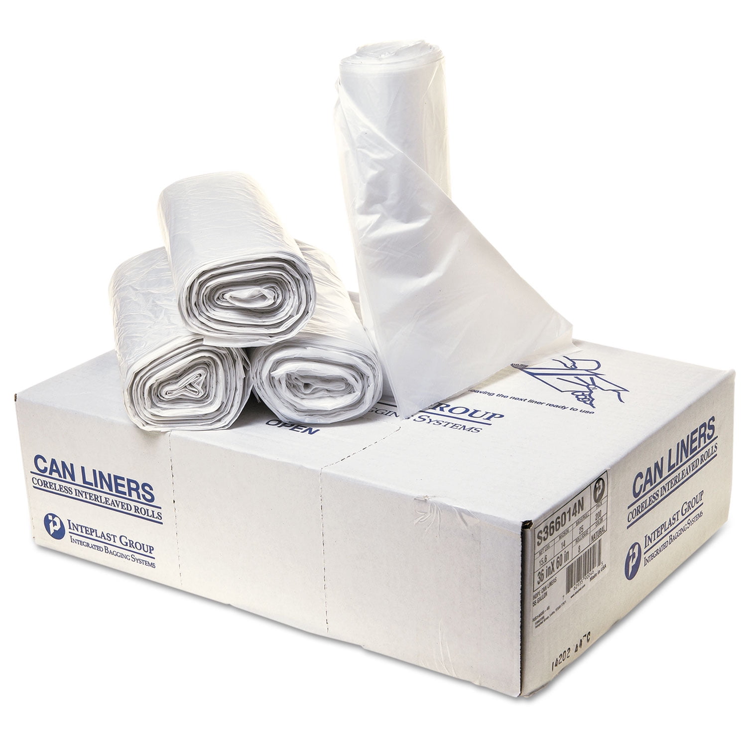 Inteplast Group High-density Interleaved Commercial Can Liners, 55 Gal, 14 Microns, 36" X 60", Clear, 200/carton