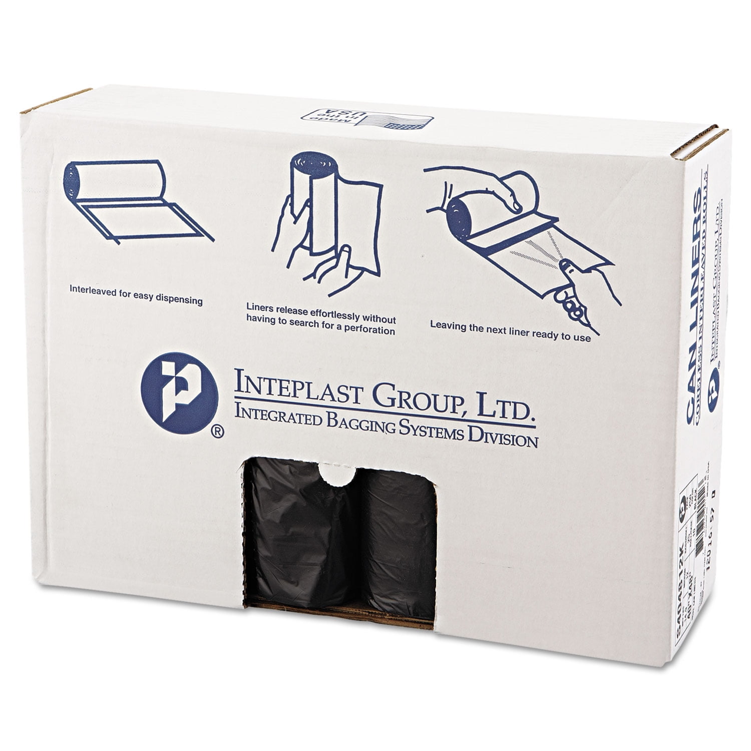 INTEPLAST High-Density Commercial Can Liners 45 gal 12 mic 40" x 48" Black Interleaved Roll 25 Bags/Roll 10 Rolls/Carton S404812K