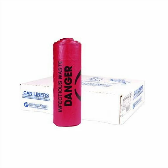 Inteplast Institutional Low-Density Can Liners, Infectious Waste Biohazard, 33 gal, 1.3 mil, 33 x 39, Red, Interleaved, 25/RL, 6 RL/CT
