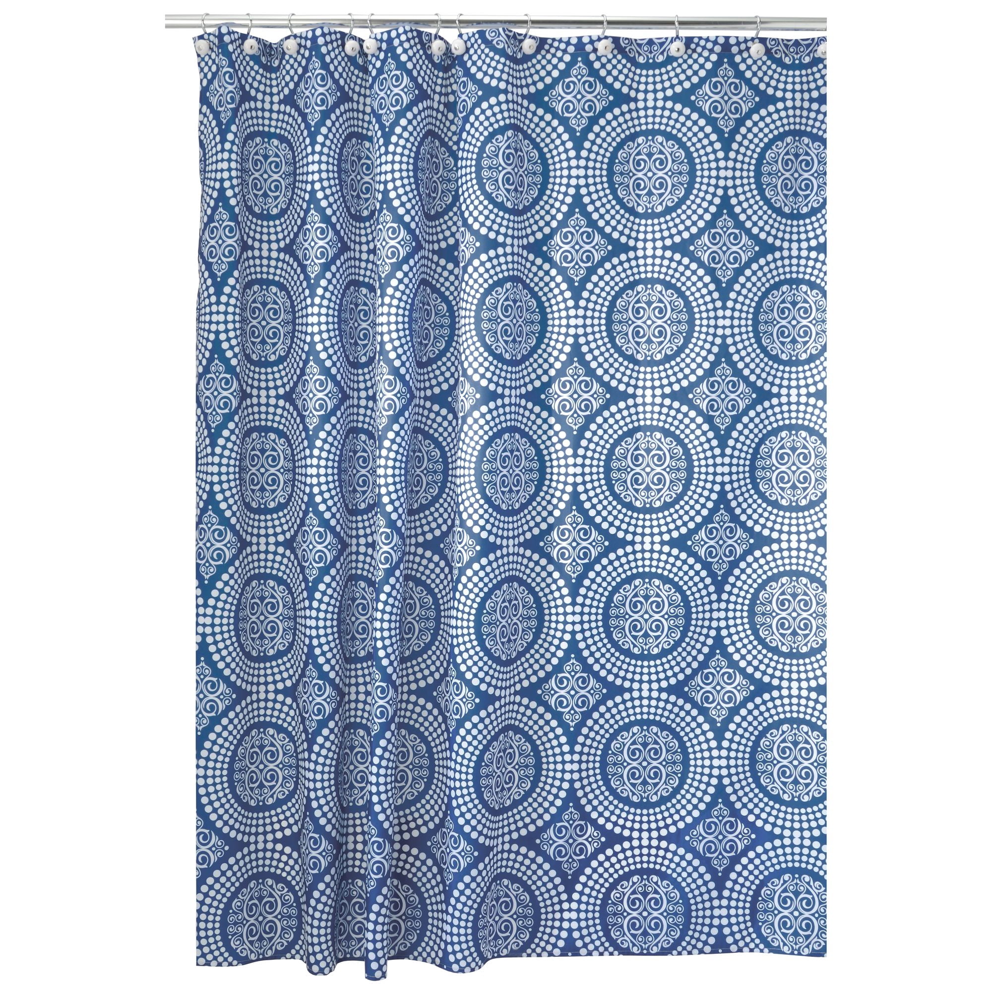 InterDesign Medallion Fabric Shower Curtain, Standard 72" x 72", White/Ink Blue