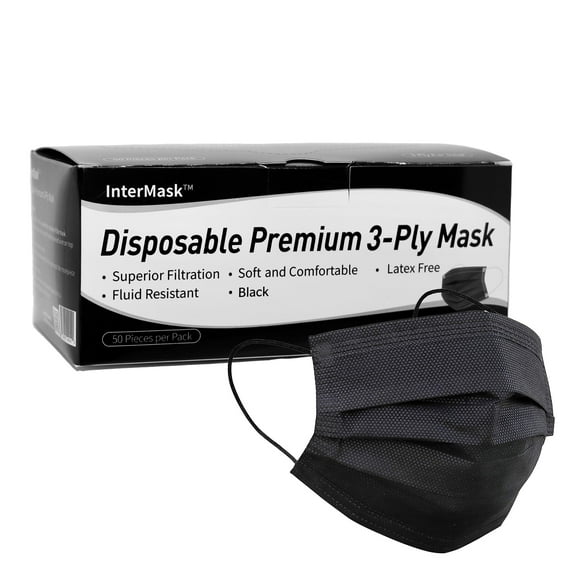 InterMask Disposable Premium 3-Ply Face Mask, Black, ASTM Level 3, Box of 50 Masks