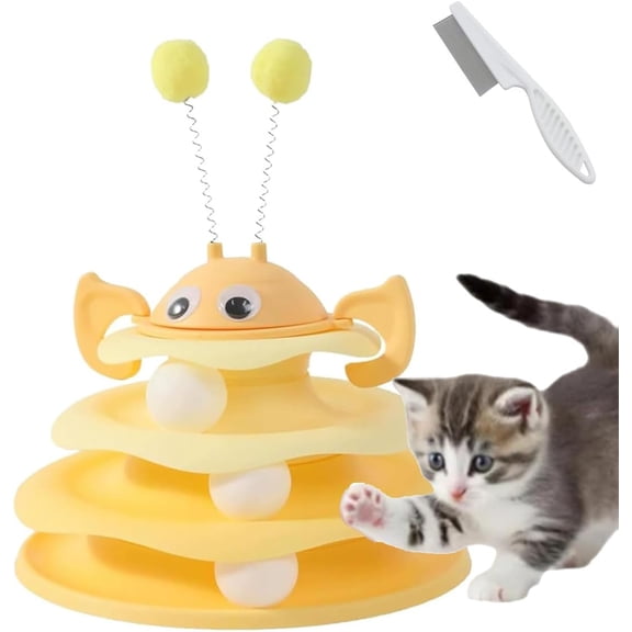 Interactive 3-Layer Cat Toy Tower, Cat Ball Track Toy Tower with Rotating Bee and Rolling Balls, 3 Levels for Chase, Batting & Exercise for Cats Play