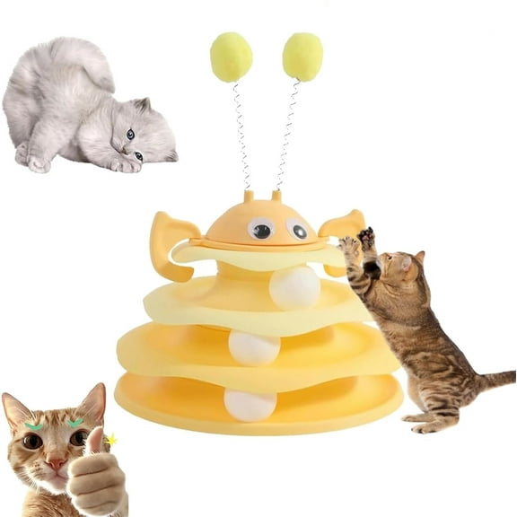 Interactive 3-Layer Cat Toy Tower, Interactive 3-Layer Cat Toy Tower with Rotating Bee and Rolling Balls, 3 Levels for Chase, Batting & Exercise for Cats & Kittens(yellow)