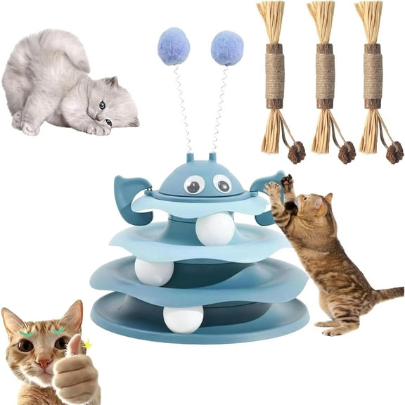 Interactive 3-Layer Cat Toy Tower, Interactive 3-Layer Cat Toy Tower with Rotating Bee and Rolling Balls, 3 Levels for Chase, Batting & Exercise for Cats & Kittens