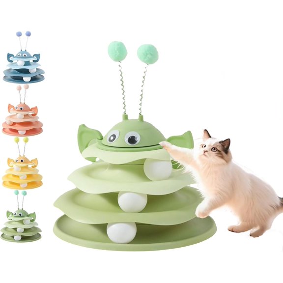Interactive 3-Layer Cat Toy Tower,Interactive 3-Layer Cat Toy Tower with Rotating Bee and Rolling Balls,for Cats & Kittens Chase, Batting & Exercise Play (Yellow)