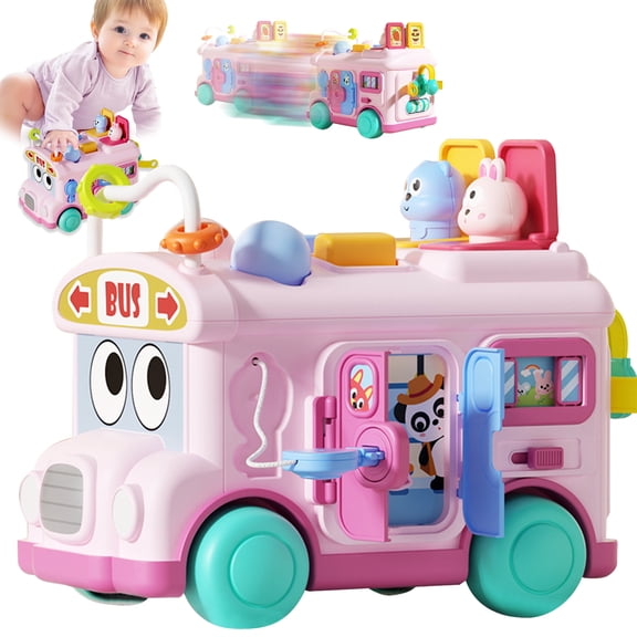 Montessori Toys for 1 Year Old, Baby Bus for 6-12-18 Months+, Educational Musical Sensory Learning Toddler Toys Age 1-2, First Christmas and Birthday Gifts Pink