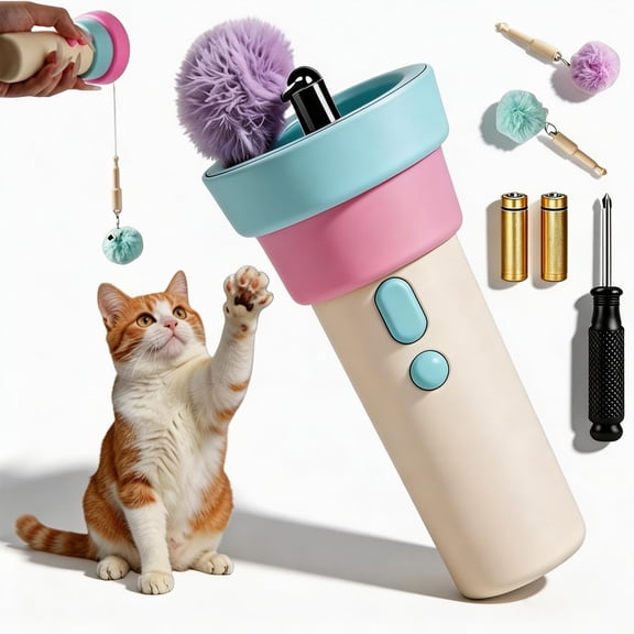 Interactive Automatic Cat Teaser Launcher, Electric Cat Wand Toy with Plush Ball, Durable String Launcher for Kittens and Adult Cats, Enrichment Exercise Feline Toys