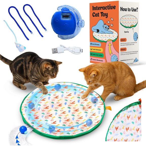 Interactive , Automatic Motion Activated & Seek Mat with Moving Ball, Chirping for Indoor Cats, Keeps Cats & Engaged (Blue)