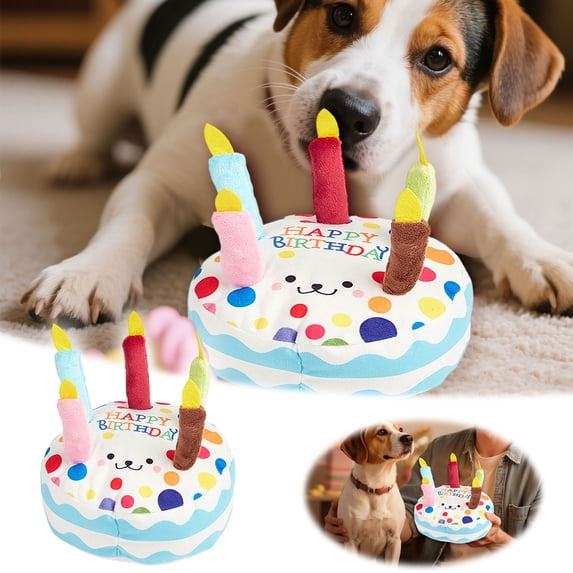 Interactive Birthday Cake Shaped Pet Toy with Whistle and Chewable Rainbow Fabric for Small Medium Dogs