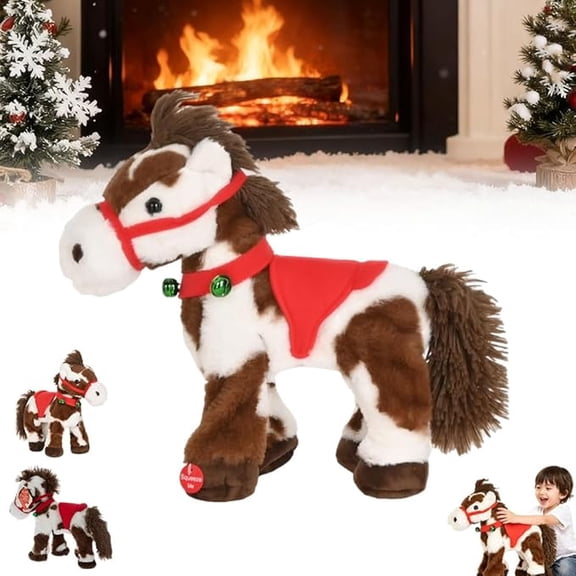 Interactive Brown White Spotted Electric Plush Horse, Walking Stuffed Pony with Sound & Jingle Bell, Red Saddle Soft Cute Plushie Holiday Birthday Present for Kids