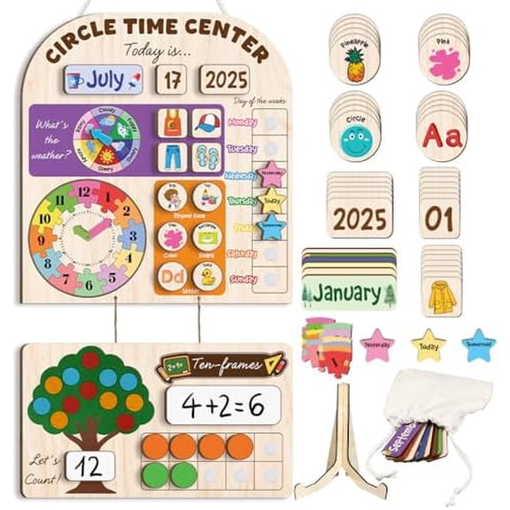 Interactive Calendar for Kids Ages 3-8, Circle Time Learning Center, Wooden Kids Calendar, Teaching Seasons, Years, Months, Days of Week, Language Skills, Preschool & Homeschool Calendars$$Office