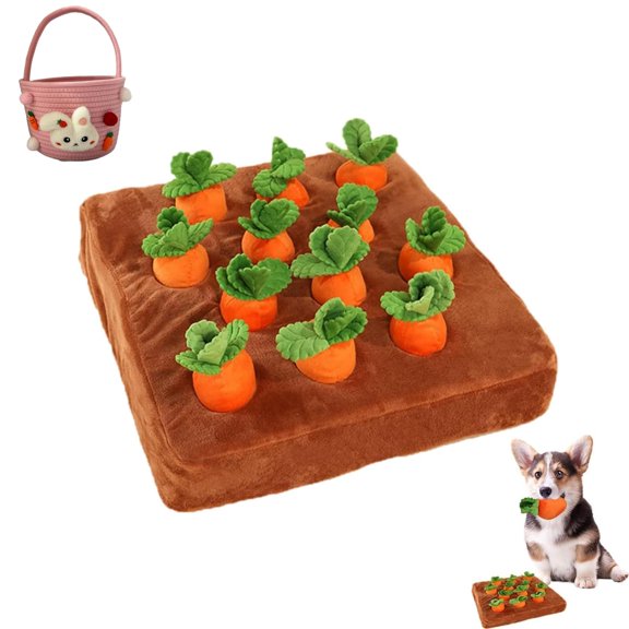 Interactive Carrot Snuffle Mat for Dogs, Plush Puzzle Toy with 12 Carrots, 2-in-1 Non-Slip Nosework Feeding Game for Stress Relief