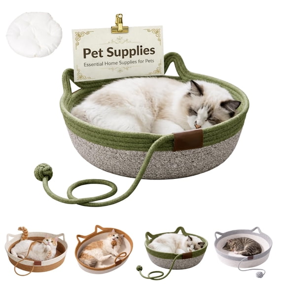 Interactive Cat Bed Basket Handwoven Cotton Rope Stimulicat Cat Basket with Toy Ball, Foldable Cat Nest and Scratch Basket for Indoor Cats and Kittens
