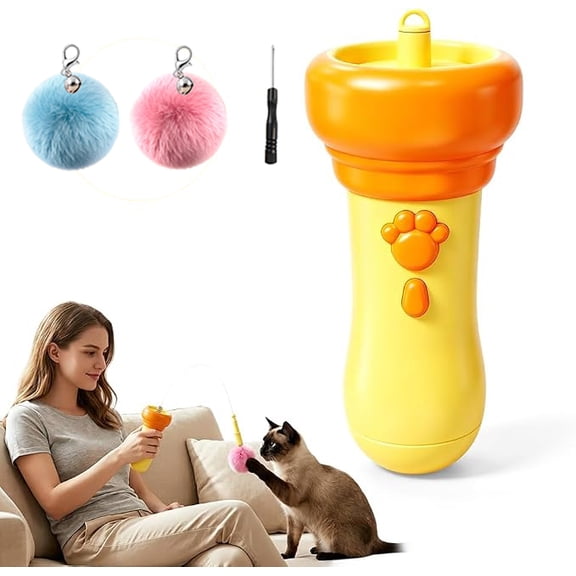 Interactive Cat Exercise with Ball Launcher, ABS Automatic Wand with Moving Feather Attachment & Hanging Kicker for Indoor Felines, Orange (k)