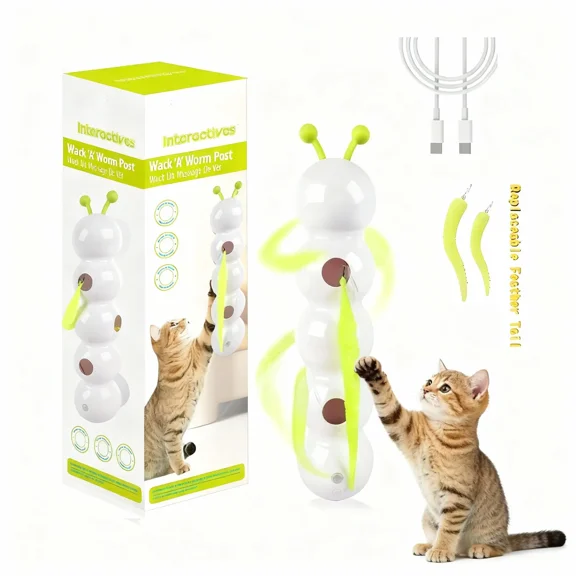 Interactive Cat Feather Toy Suction Cup Caterpillar Whack 'A' Prey with Automatic Fluffy Tail Teaser Motion Sensor USB RechargeablePerfect for Indoor Cats