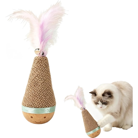 Interactive Cat Feather Toy with Wooden Tumbler Base, Sisal Scratch Toy for Indoor Cats, and Self-Righting Qtip Cat Toy with Teaser for Play Enrichment and Scratching(C)Q