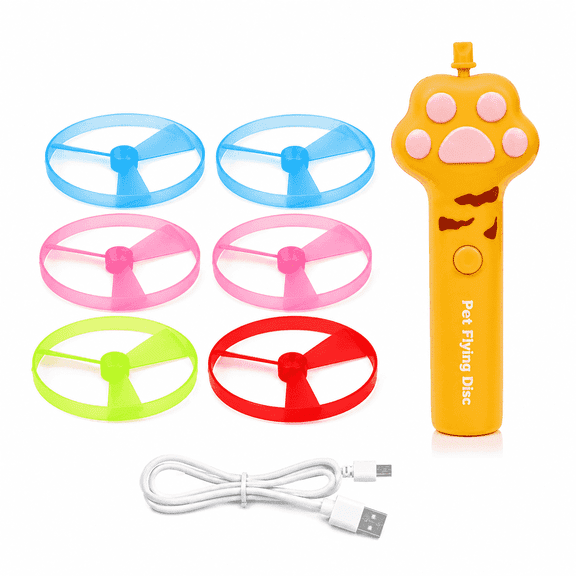Rechargeable Cat Flying Disc Launcher Toy, Interactive Indoor Cat Fetch Toy with 6 Colorful Flying Spinners, USB Charging Cable and Paw Shaped Handle, Yellow
