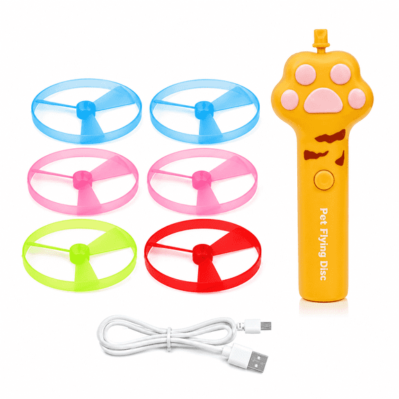 Rechargeable Cat Flying Disc Launcher Toy, Interactive Indoor Cat Fetch Toy with 6 Colorful Flying Spinners, USB Charging Cable and Paw Shaped Handle, Yellow