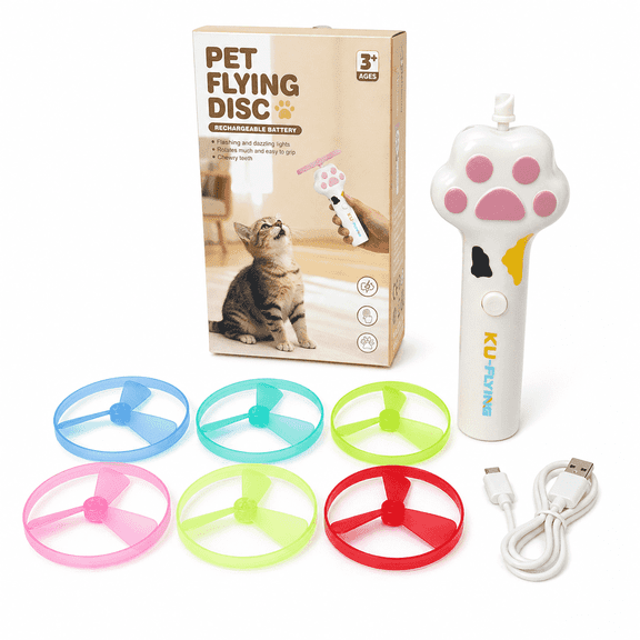 Rechargeable Cat Flying Disc Launcher Toy, Interactive Indoor Cat Fetch Toy with 6 Colorful Flying Spinners, USB Charging Cable and Paw Shaped Handle, White
