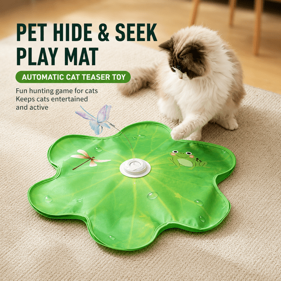 Interactive Cat Hunting Toy with Hide and Seek Play Mat, Automatic Moving Teaser Toy for Indoor Cats, Self Play Pet Activity Mat with Sound and Feather Wand