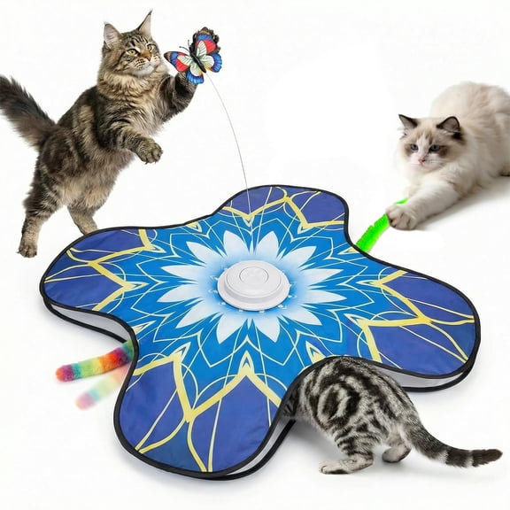 Interactive Cat Toy for Indoor Cats, Touch Activated Automatic Electronic Cat Toy with Sound On/Off, Dual Wands, Non-Slip Suction Cups, Rechargeable Hide and Seek Cat Play Mat for Bored Adult Kittens