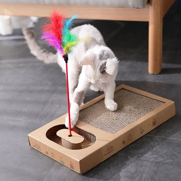 Interactive Cat Iq Busy Box, Cat Scratcher With Feather Attachment For Entertainment, Recyclable Cat Scratcher Ensures Safety And Environmental Responsibility, Gift For Indoor Cats